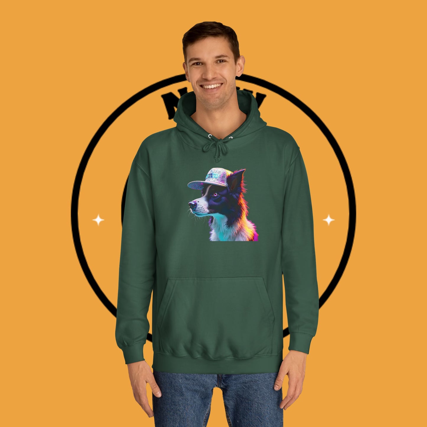"Neon Rainbow Dog Hoodie - Vibrant Border Collie Street Art Design | Unisex Premium Streetwear"