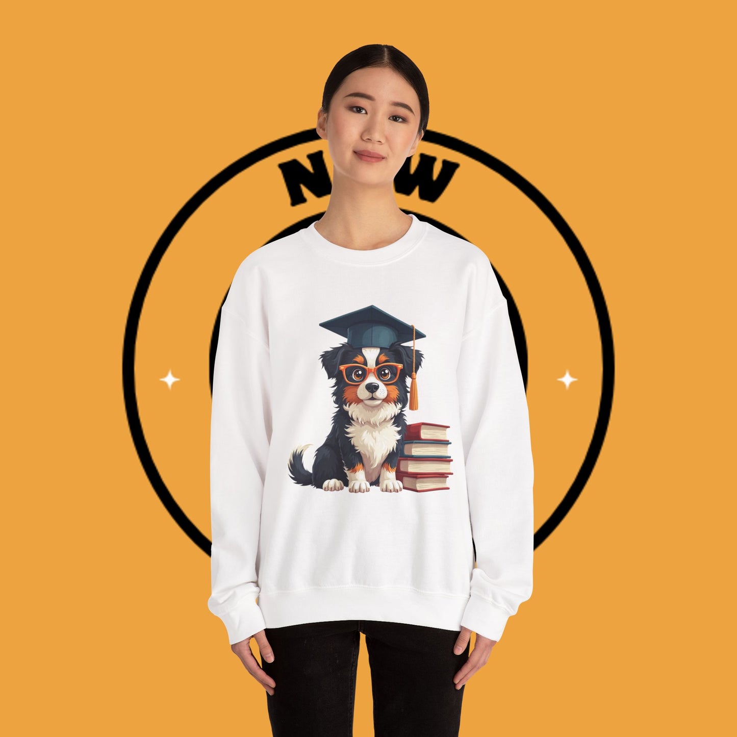 Graduation Dog Crewneck Sweatshirt - Smart Puppy Graduate Cap Books | Academic Achievement Gift
