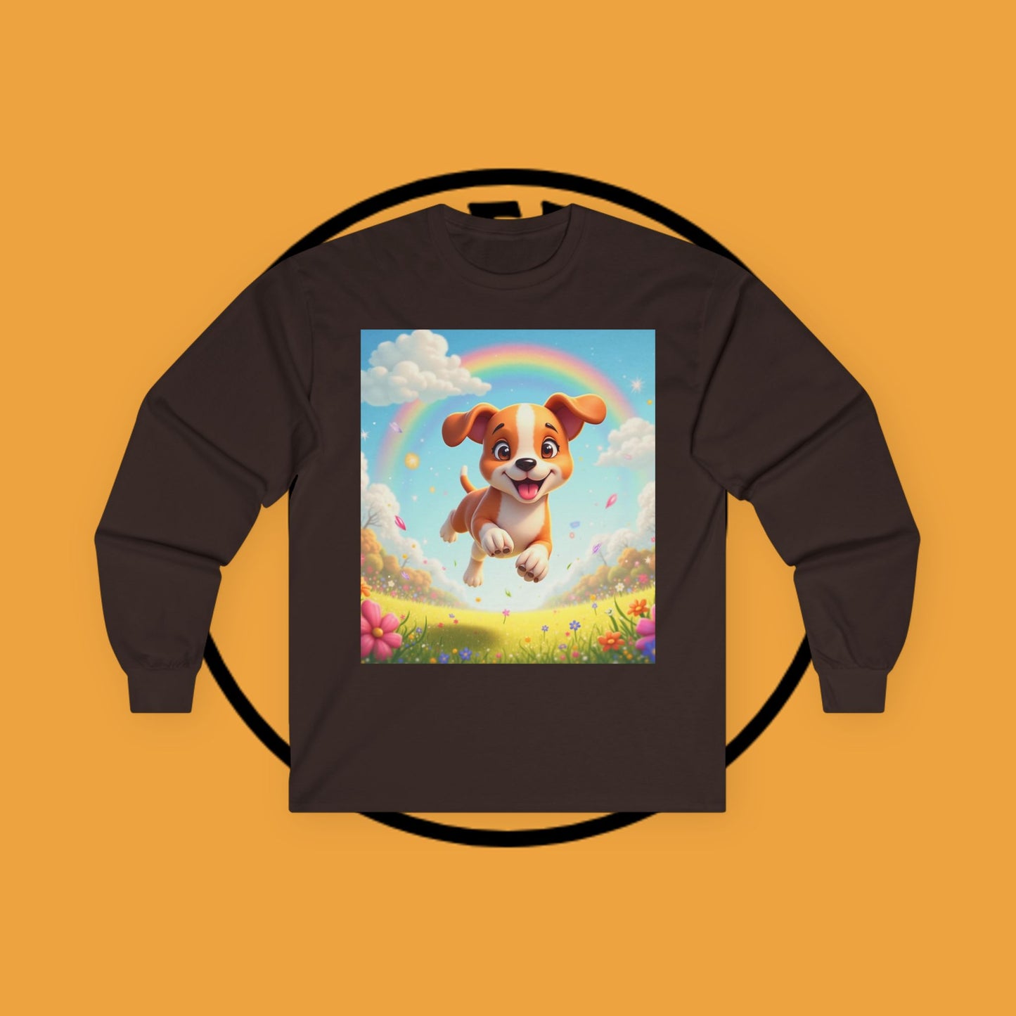 Happy Puppy Rainbow Jumping Spring Flowers Long Sleeve Shirt