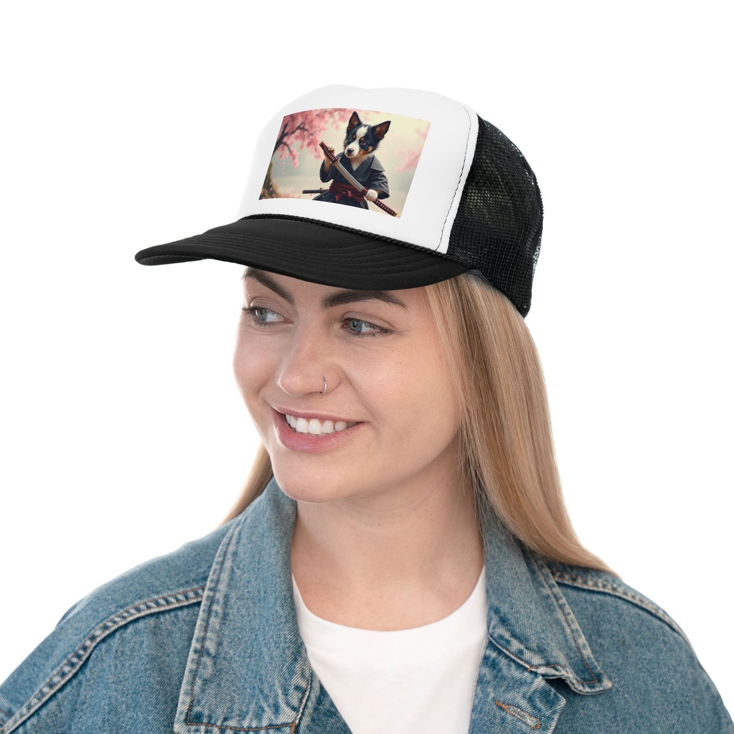 Samurai Puppy Trucker Hat - Japanese Warrior Dog Cap - Cherry Blossom Ninja Baseball Hat