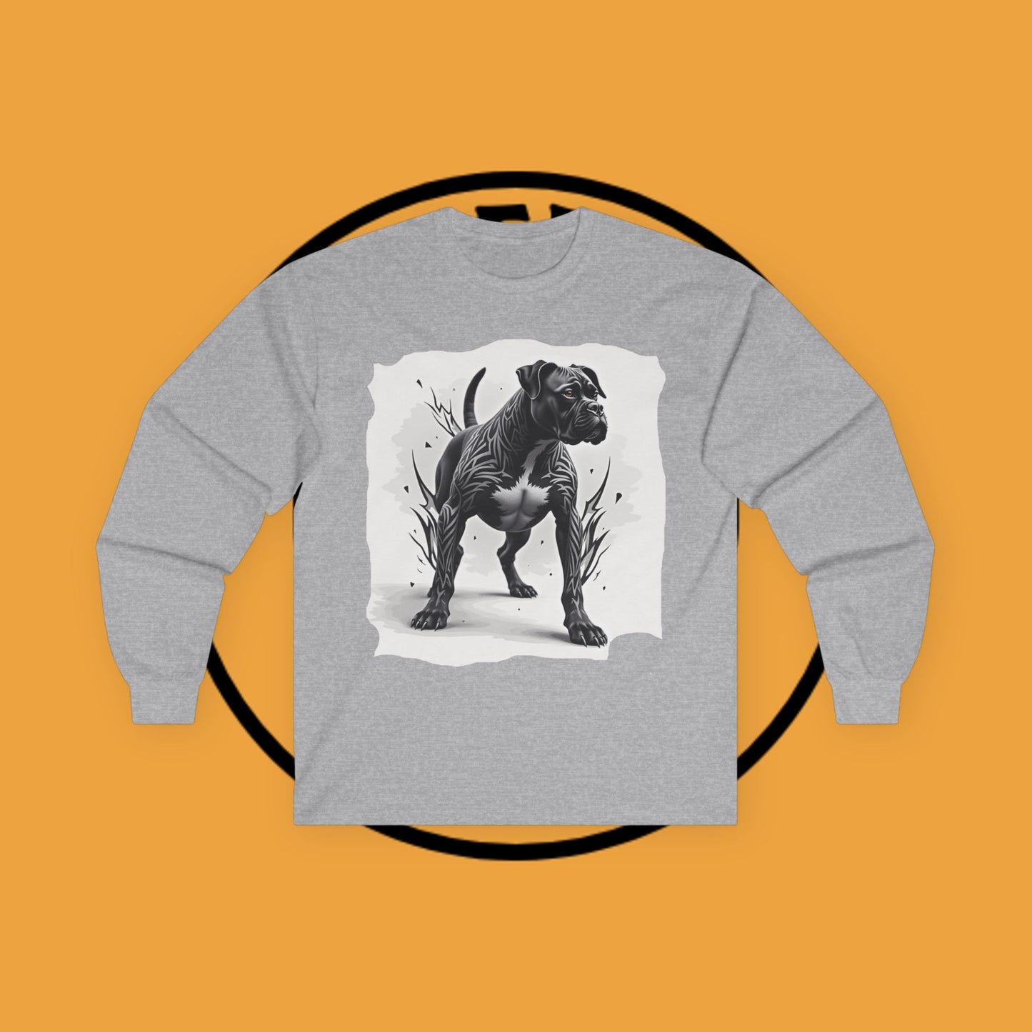 Tribal Tattoo Style Boxer Dog Long Sleeve T-Shirt - Bold Black & White Art Design