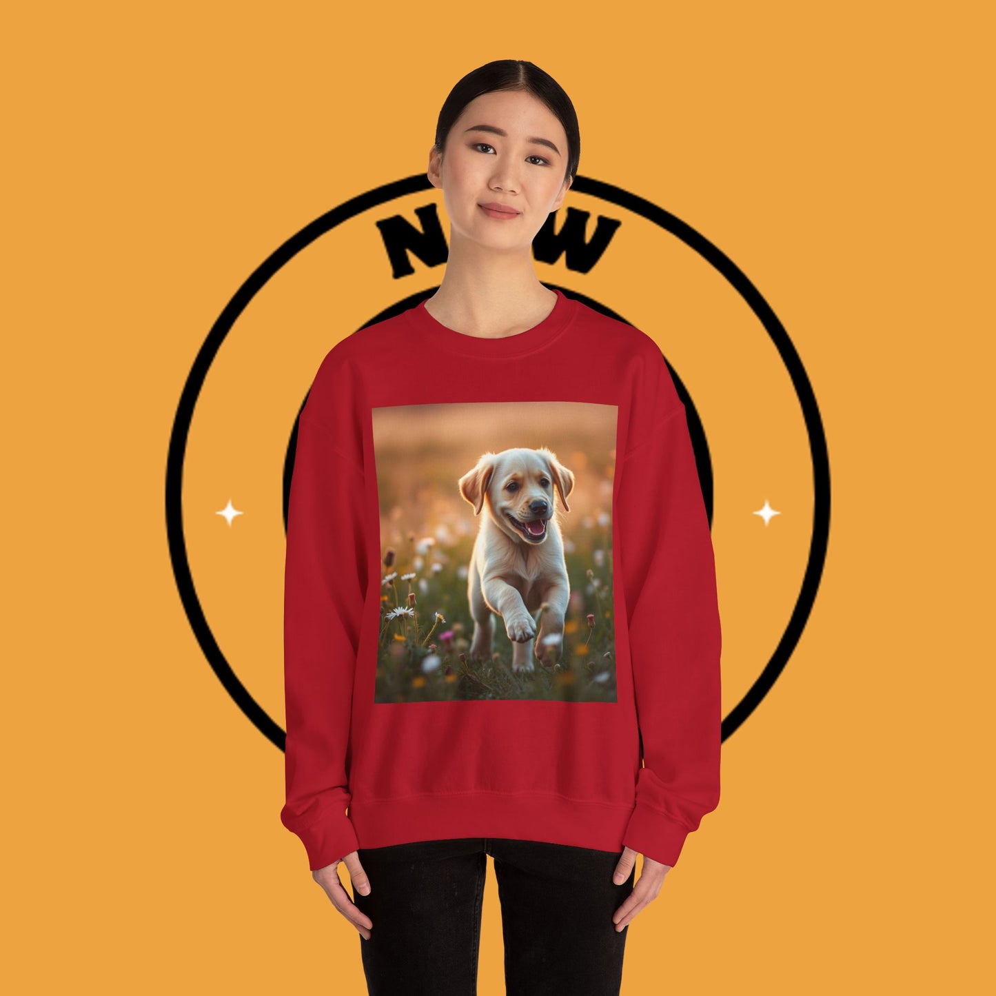 Unisex Dog Lover Crewneck Sweatshirt - Playful Labrador Puppy Running Through Wildflower Meadow