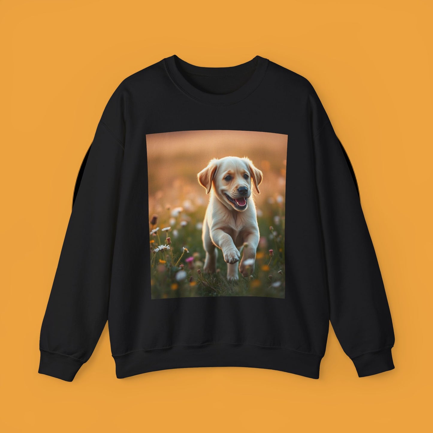Unisex Dog Lover Crewneck Sweatshirt - Playful Labrador Puppy Running Through Wildflower Meadow