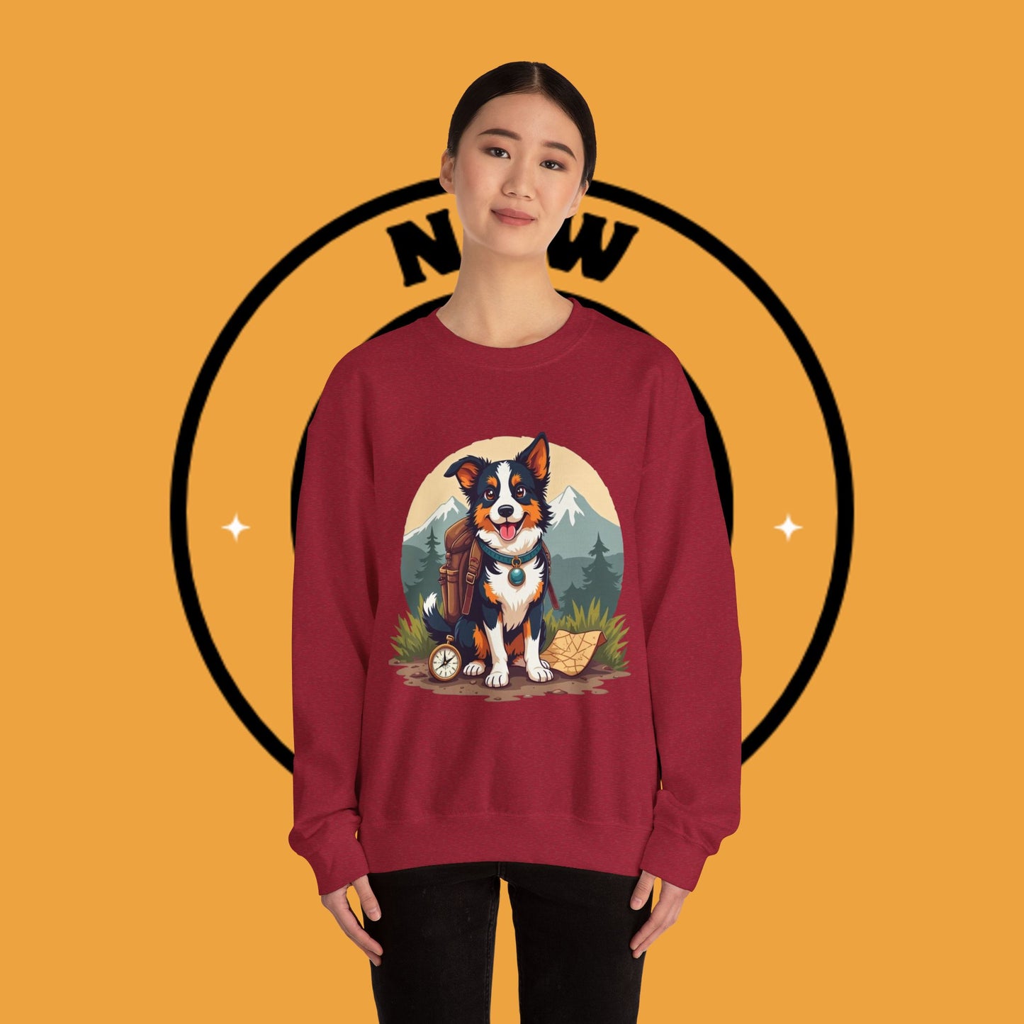 Adventure Dog Hiking Crewneck Sweatshirt - Mountain Explorer Border Collie Design | Outdoor Lover Gift