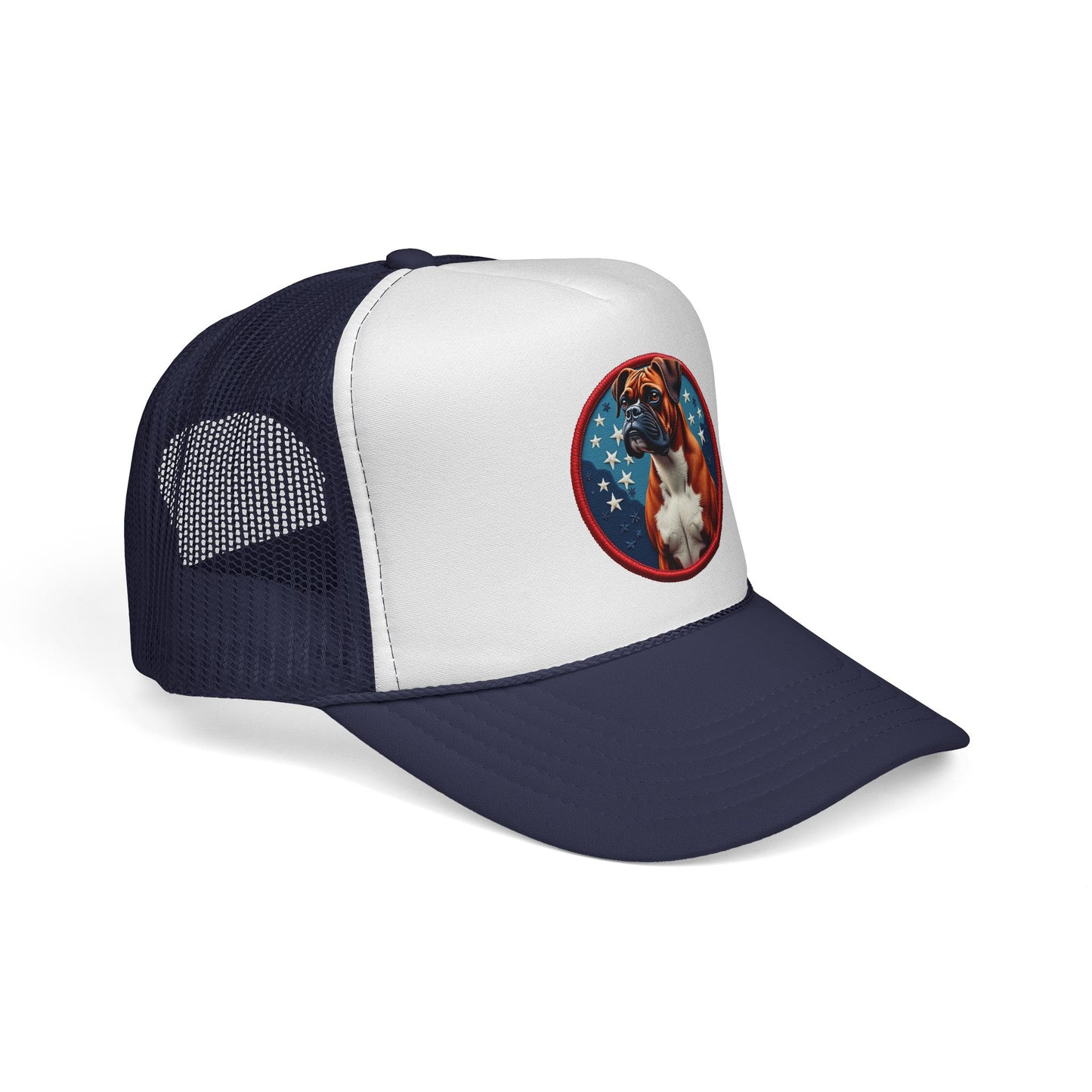 "Americana Boxer Dog Patch Trucker Cap - Patriotic Stars Design | USA Flag Colors Snapback Hat | Military Style Baseball Cap"