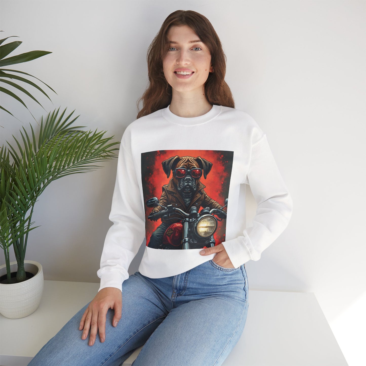 Biker Boxer Dog Crewneck Sweatshirt - Motorcycle Rebel Pup Design - Badass Pet Lover Style