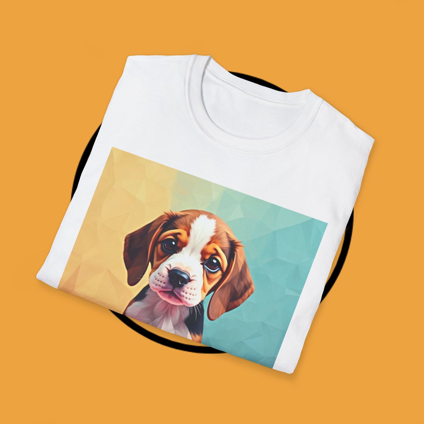 Modern Art Beagle Puppy T-Shirt - Geometric Low Poly Dog Design with Rainbow Background