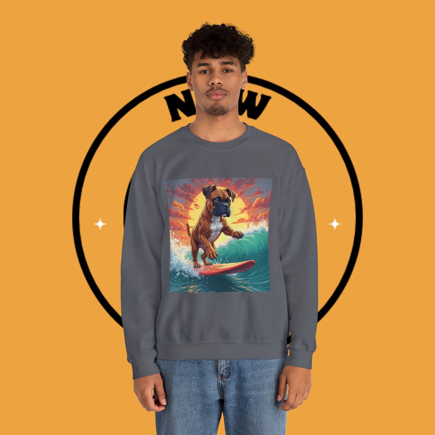 Surfing Boxer Dog Crewneck Sweatshirt | Funny Beach Surfer Gift | Epic Wave Riding Pup Design