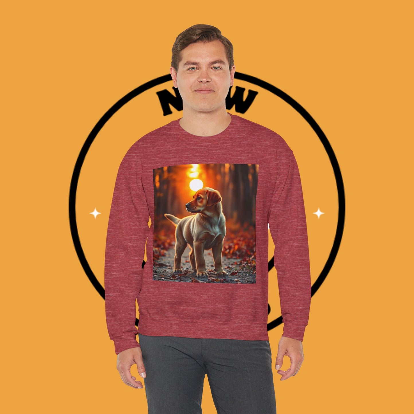 Crewneck Sweatshirt - Labrador Puppy in Autumn Forest with Golden Sunset Light Design