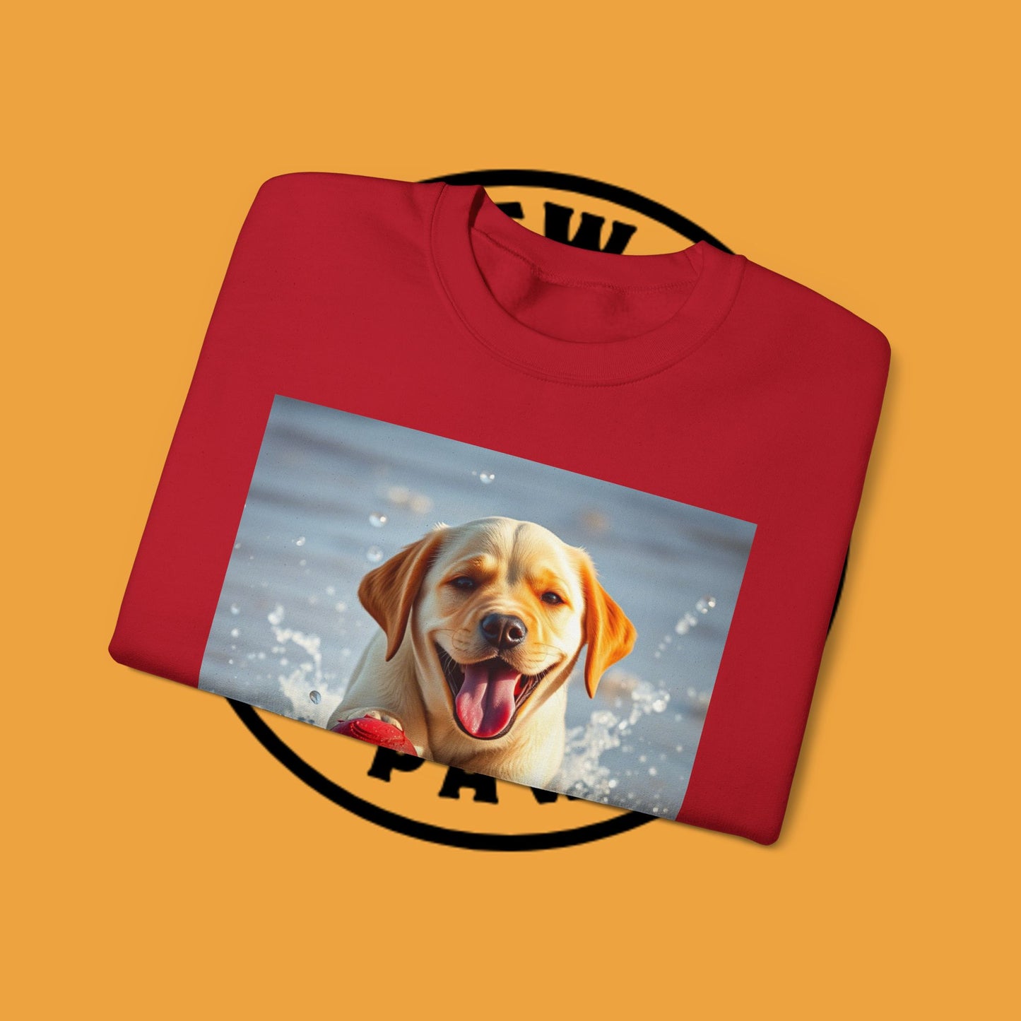 Unisex Dog Lover Crewneck Sweatshirt Labrador Puppy Playing with a Ball on the Beach - Photo of a Happy Dog Running in the Water