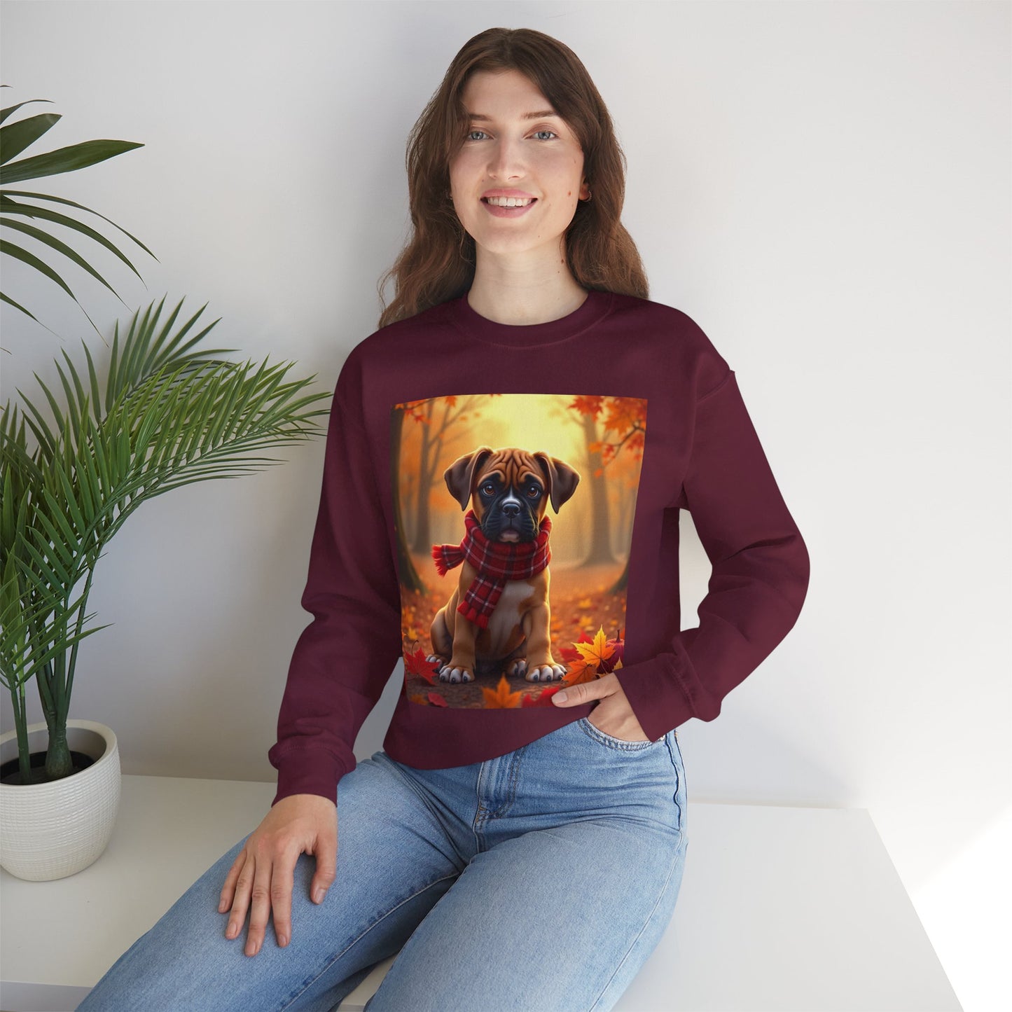 Cute Boxer Puppy Autumn Crewneck Sweatshirt | Fall Dog Lover Gift | Cozy Plaid Scarf Design