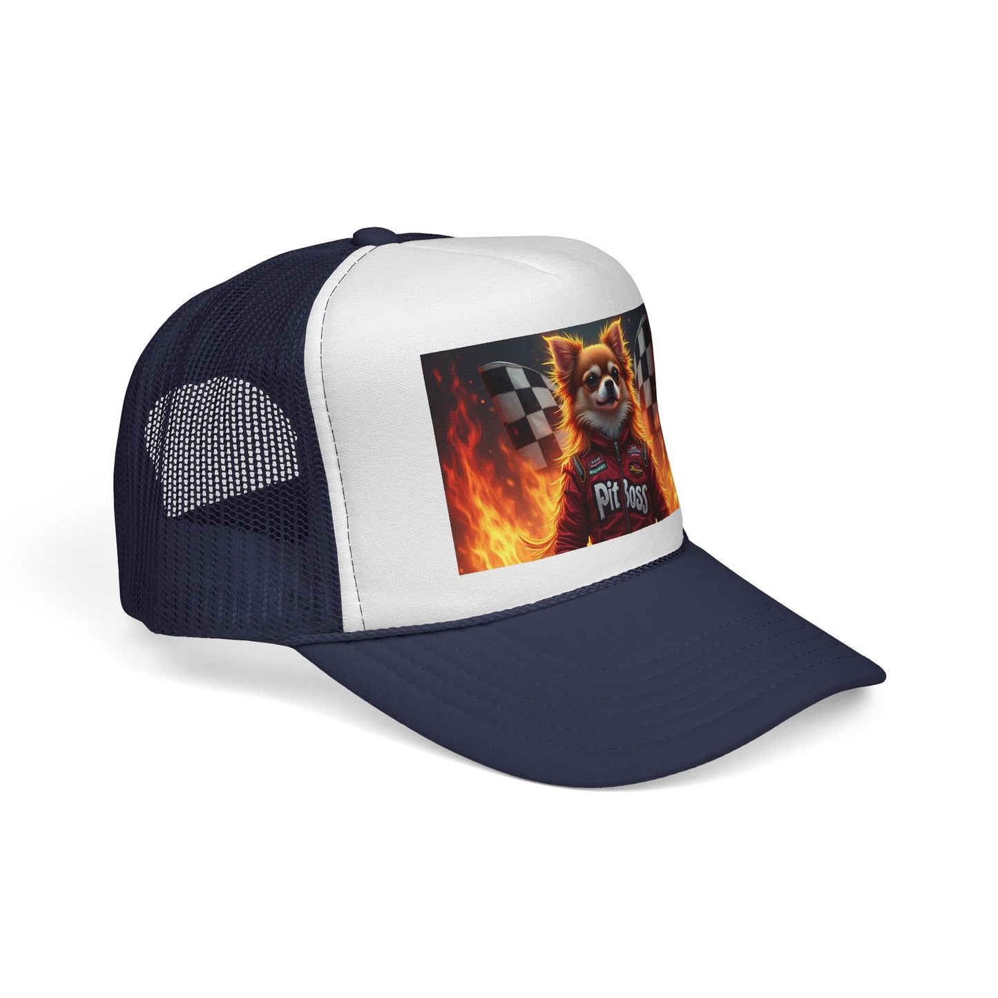 Pit Boss Chihuahua Racing Trucker Hat - Checkered Flag Fire Cap | Motorsports Dog Lover Speed Racing Baseball Hat
