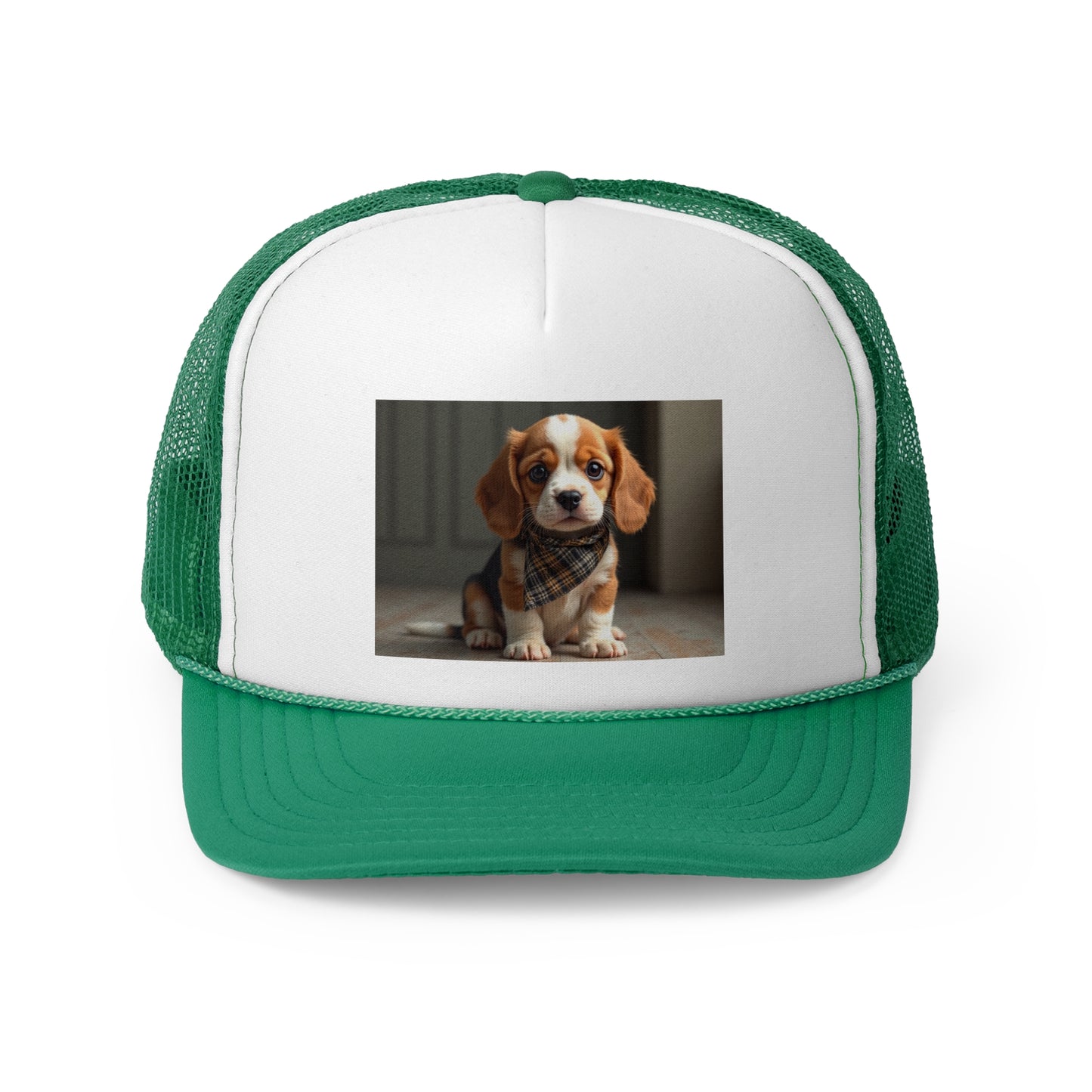 Stylish Beagle Puppy with Plaid Bandana Trucker Hat - Premium Dog Lover Cap - Adorable Dog Lover Unisex Cap
