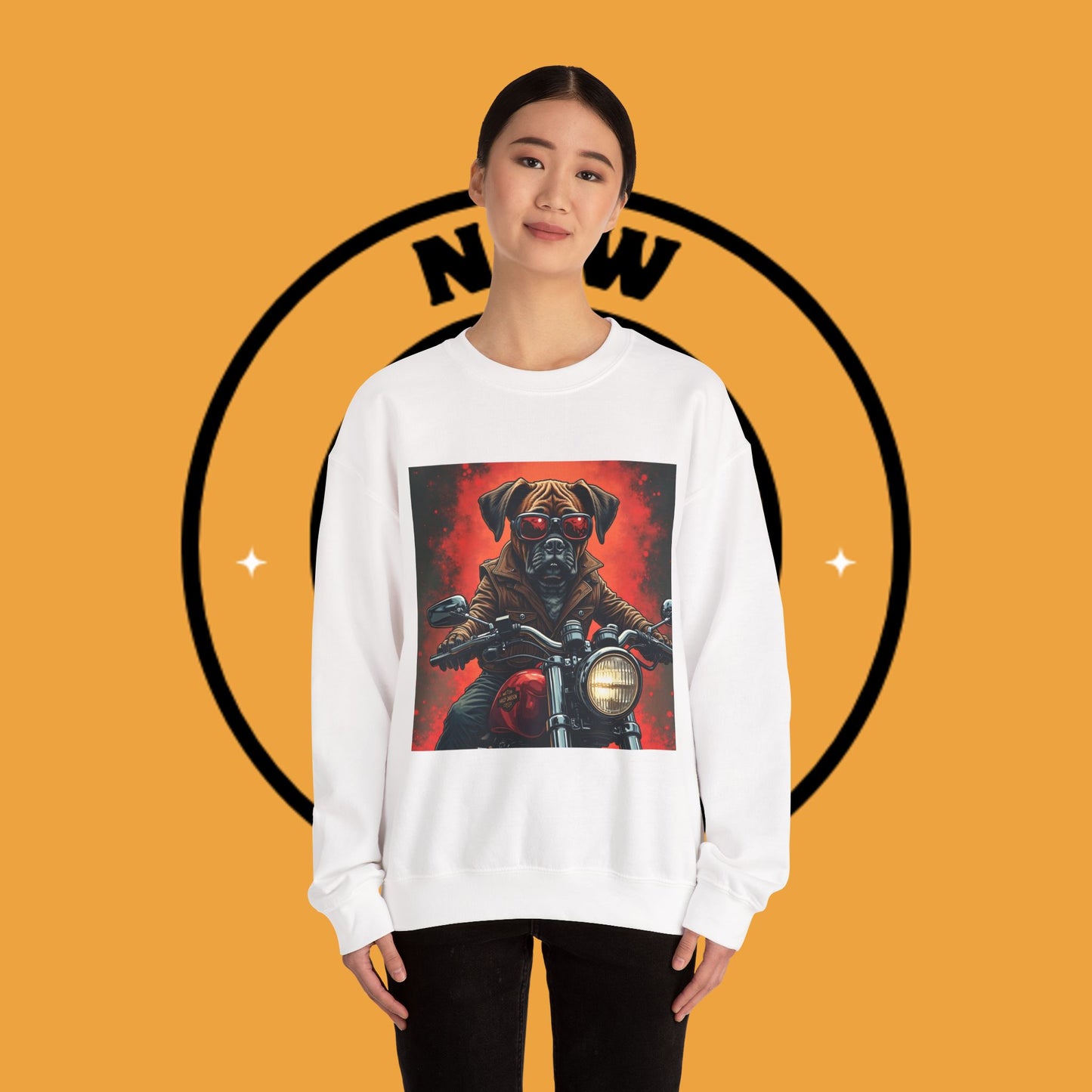 Biker Boxer Dog Crewneck Sweatshirt - Motorcycle Rebel Pup Design - Badass Pet Lover Style