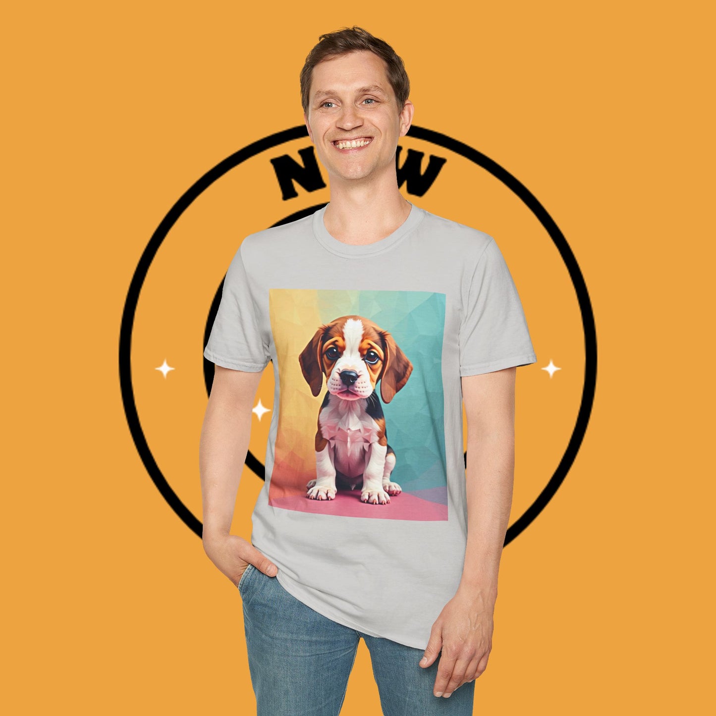 Modern Art Beagle Puppy T-Shirt - Geometric Low Poly Dog Design with Rainbow Background