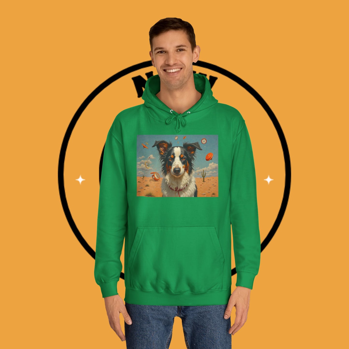 "Surreal Border Collie Time Desert Hoodie - Flying Clocks Artistic Dog Sweatshirt | Dreamlike Fantasy Design"