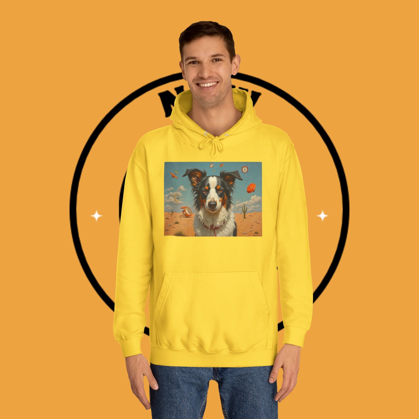 "Surreal Border Collie Time Desert Hoodie - Flying Clocks Artistic Dog Sweatshirt | Dreamlike Fantasy Design"