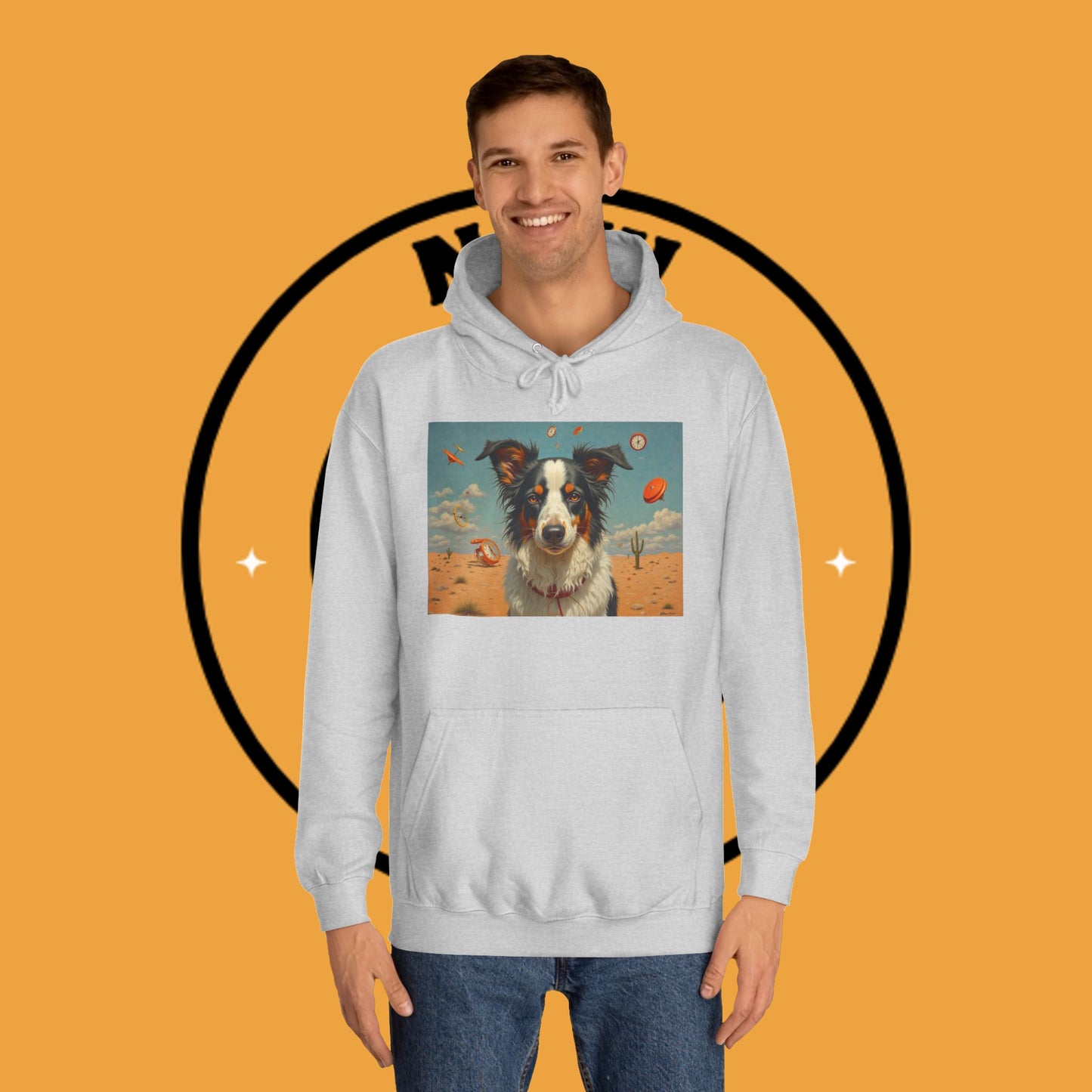 "Surreal Border Collie Time Desert Hoodie - Flying Clocks Artistic Dog Sweatshirt | Dreamlike Fantasy Design"