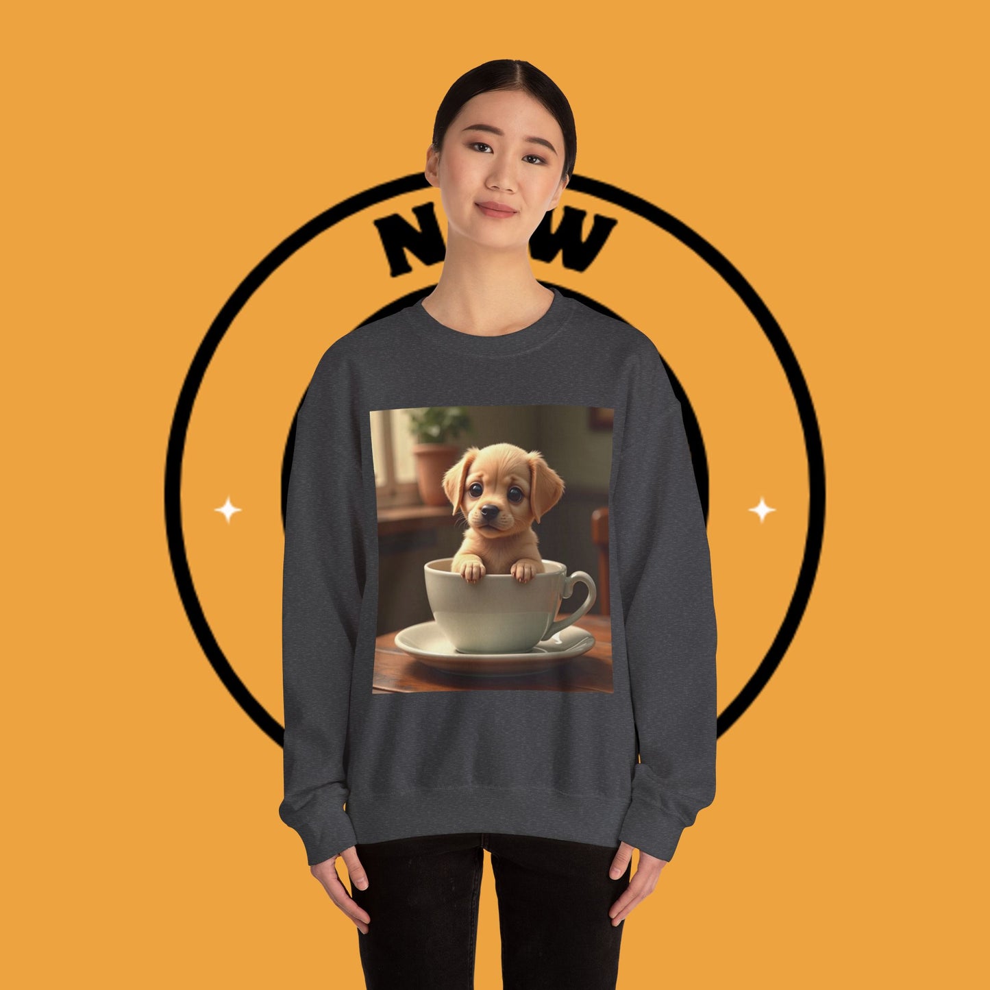 Unisex Dog Lover Crewneck Sweatshirt - Teacup Puppy: Adorable Yellow Lab in Coffee Cup