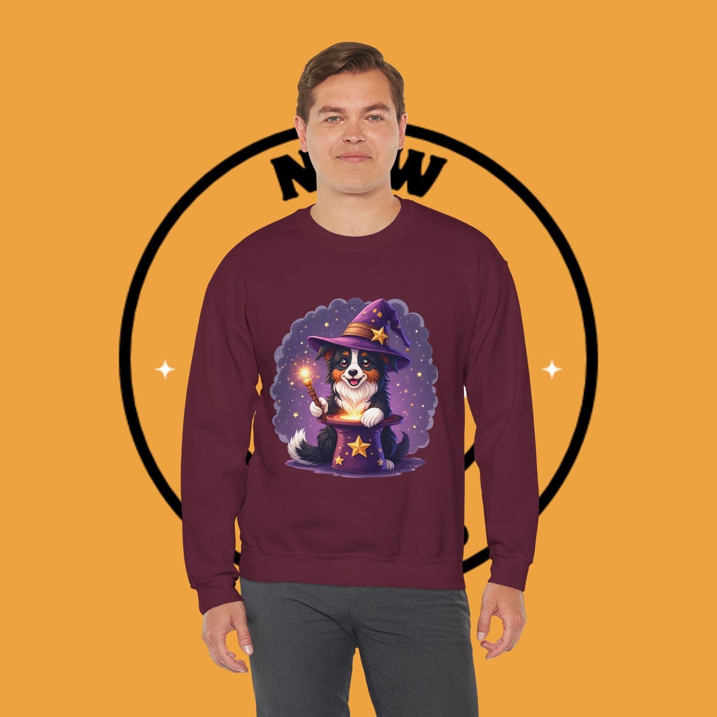 Magical Wizard Dog Crewneck Sweatshirt - Adorable Puppy Magician with Hat & Wand | Fantasy Pet Lover Gift Tee