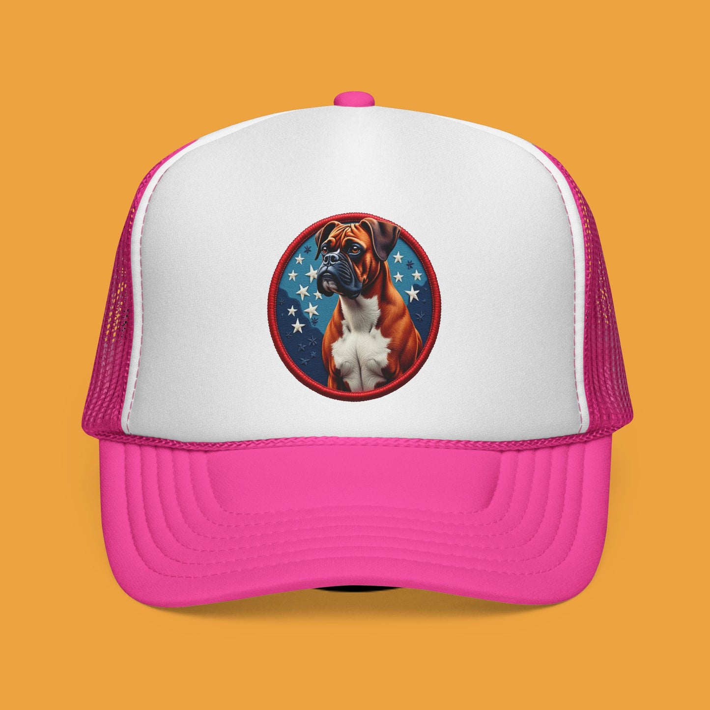 "Americana Boxer Dog Patch Trucker Cap - Patriotic Stars Design | USA Flag Colors Snapback Hat | Military Style Baseball Cap"