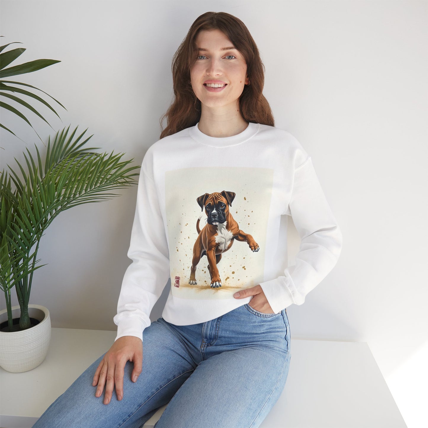 Running Boxer Puppy Crewneck Sweatshirt | Artistic Dog Lover Gift | Dynamic Movement Design