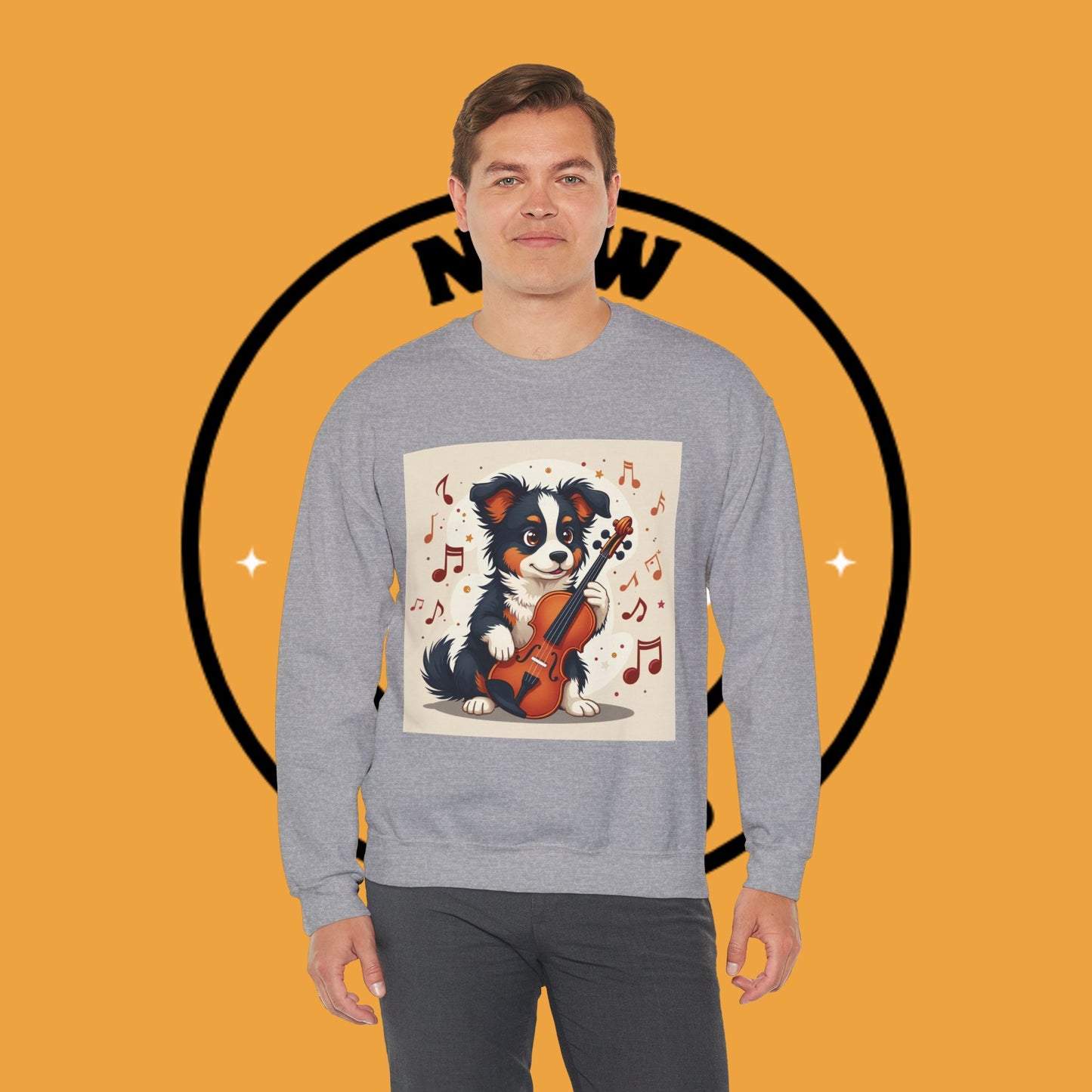 Music Dog Crewneck Sweatshirt - Cute Puppy Violinist with Musical Notes Design | Musician Gift