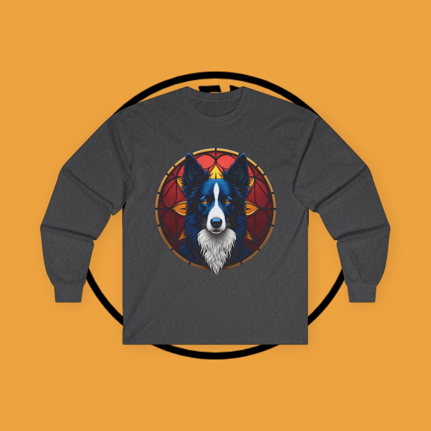 "Mystical Border Collie Stained Glass Long Sleeve Tee - Sacred Geometry Spirit Animal Shirt - Gothic Fantasy Apparel"
