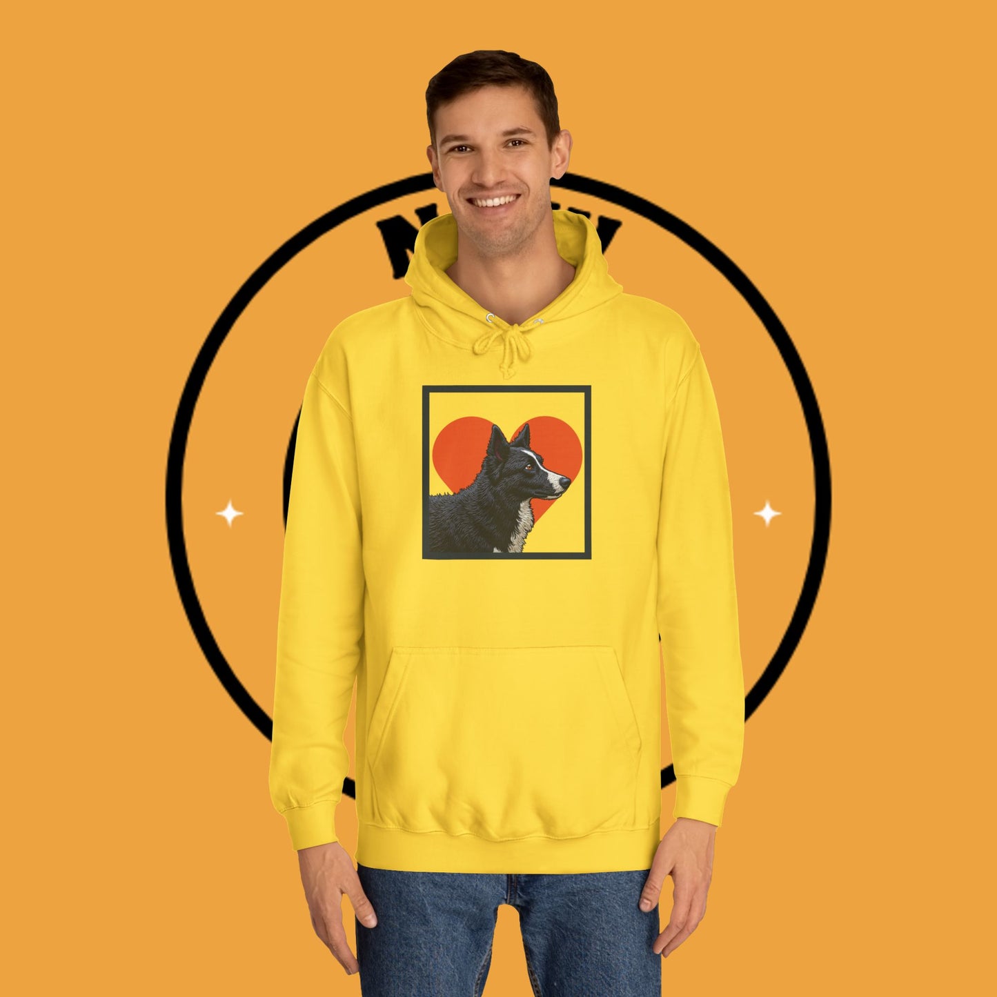 "Black & White Border Collie Portrait Hoodie - Bold Red Heart Background Dog Lover Sweatshirt | Premium Art Design"