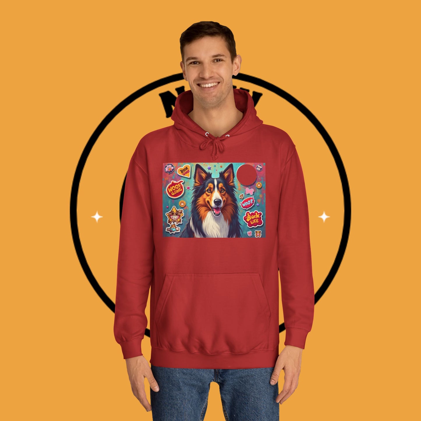 "Dog Sticker Pack Hoodie - Vibrant Collie with Fun Dog Patches Design | Millennial Pet Lover Streetwear"