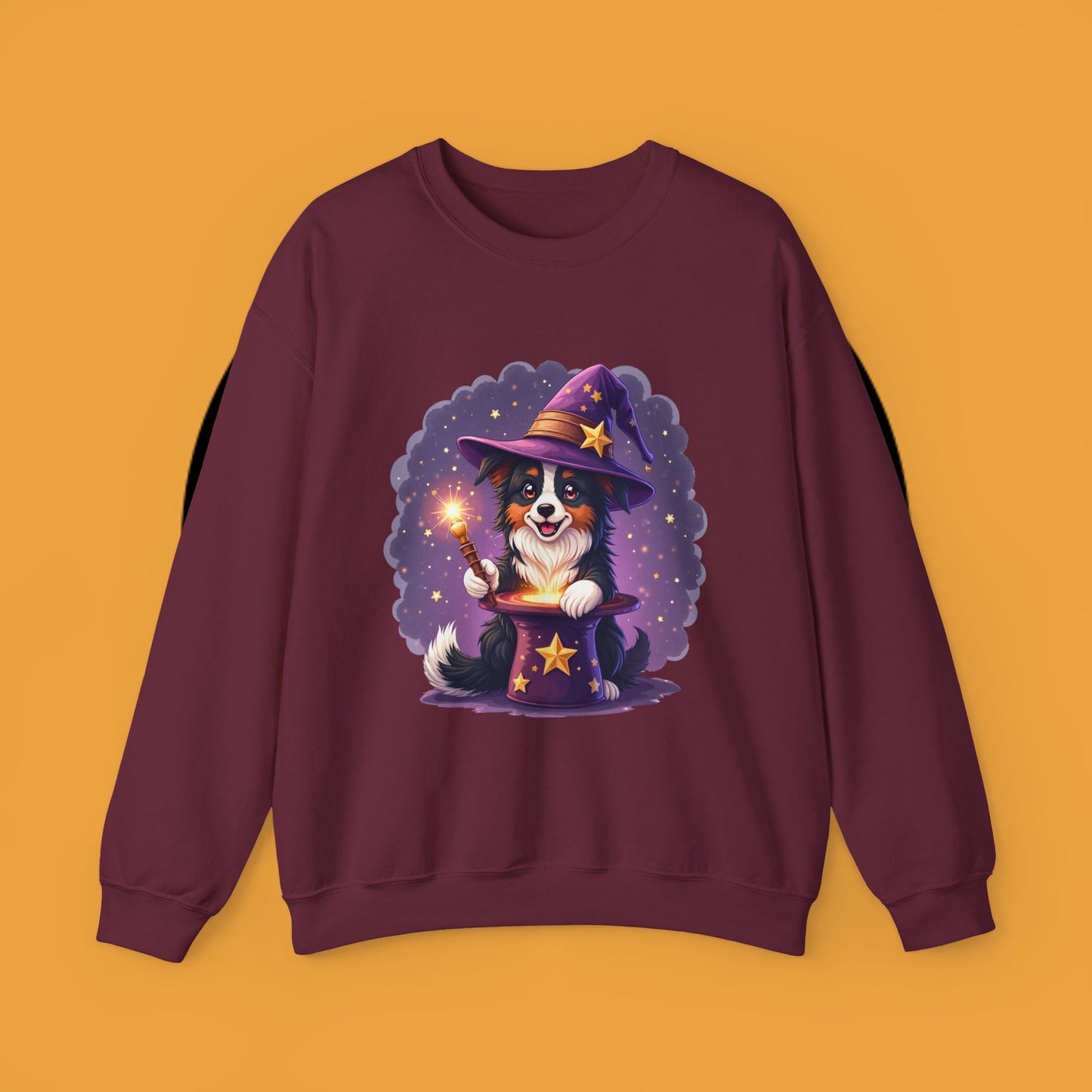 Magical Wizard Dog Crewneck Sweatshirt - Adorable Puppy Magician with Hat & Wand | Fantasy Pet Lover Gift Tee