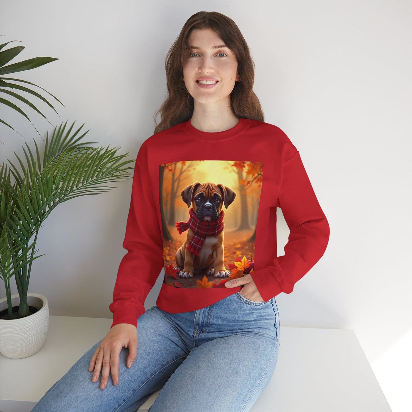 Cute Boxer Puppy Autumn Crewneck Sweatshirt | Fall Dog Lover Gift | Cozy Plaid Scarf Design