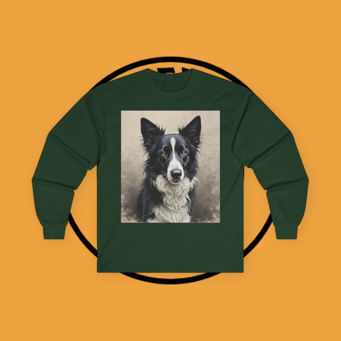 Realistic Border Collie Portrait Long Sleeve Tee - Black & White Dog Art Shirt | Premium Pet Apparel