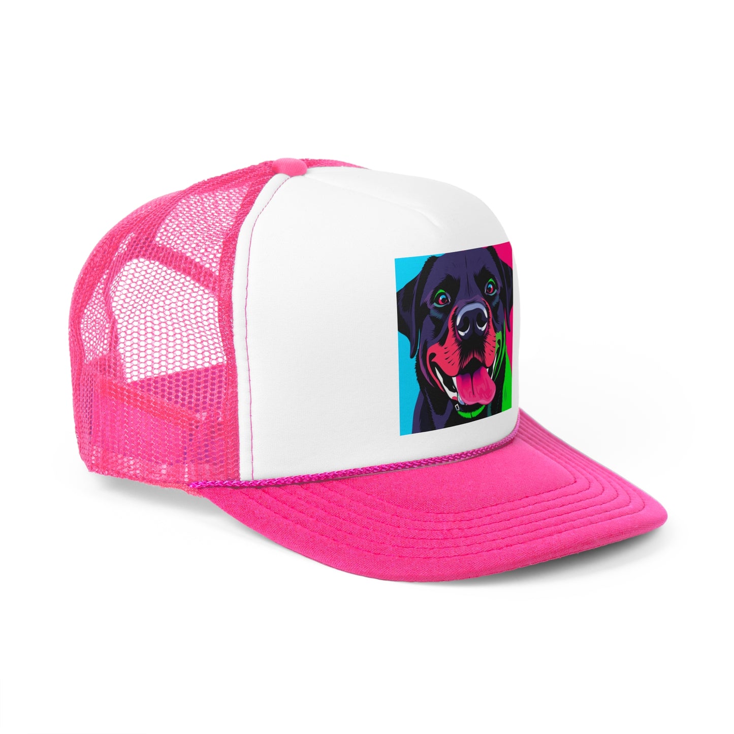 Psychedelic Pop Art Dog Trucker Hat - Vibrant Neon Colors Lab Portrait Cap - Perfect for Pet Lovers