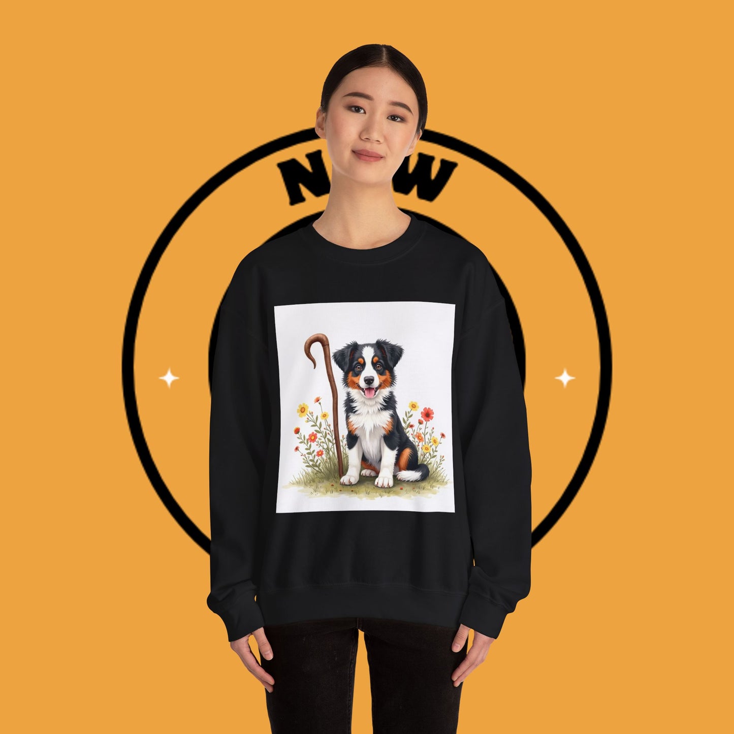Border Collie Puppy Shepherd's Crook Crewneck Sweatshirt - Pastoral Dog Art | Farm Life Gift