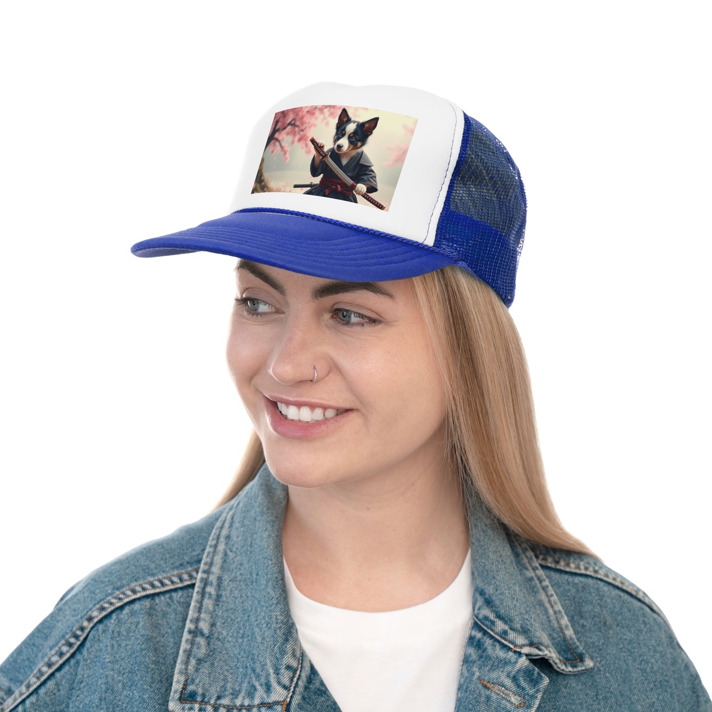 Samurai Puppy Trucker Hat - Japanese Warrior Dog Cap - Cherry Blossom Ninja Baseball Hat
