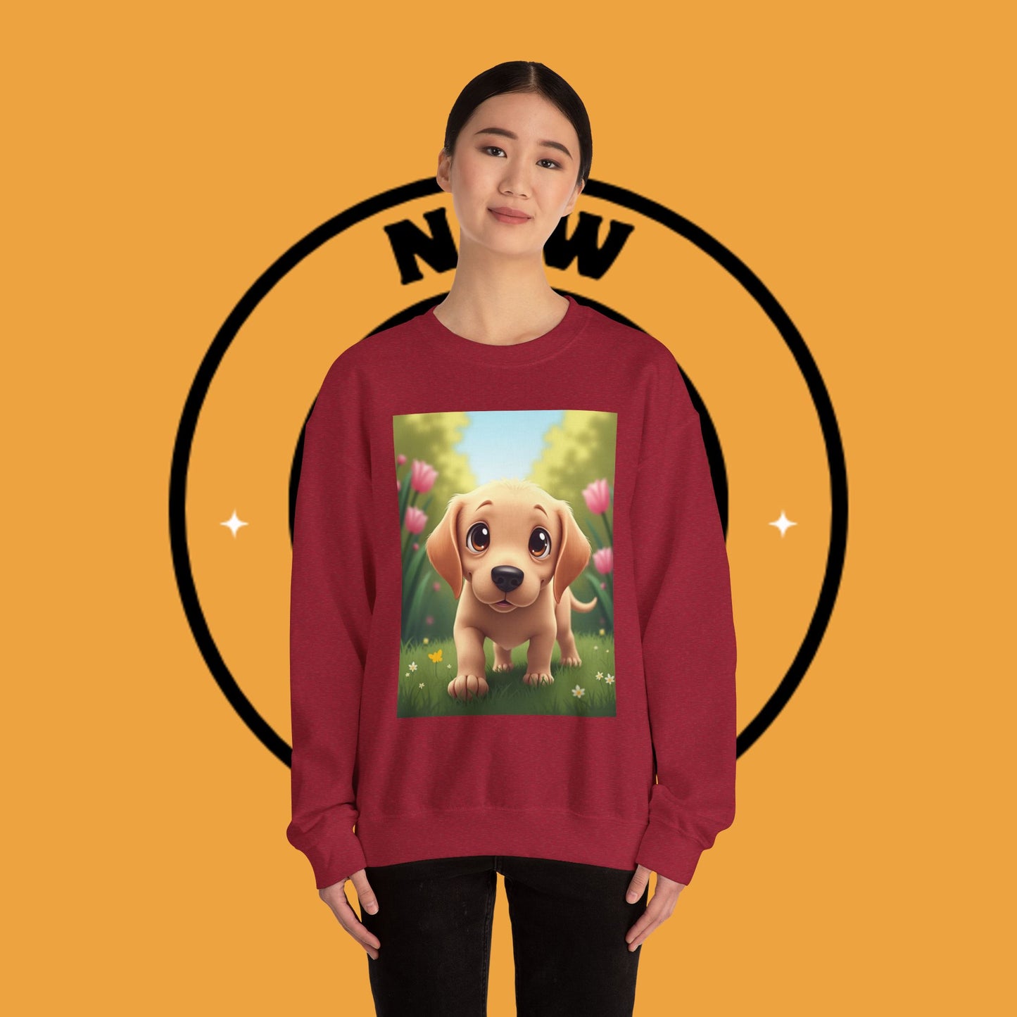 Adorable Golden Retriever Puppy in a Garden with Flowers - Cute Puppy Photo kawaii style