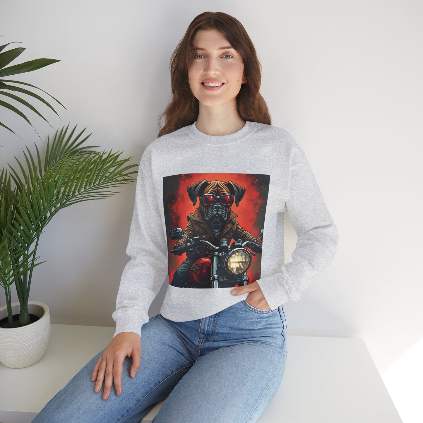 Biker Boxer Dog Crewneck Sweatshirt - Motorcycle Rebel Pup Design - Badass Pet Lover Style