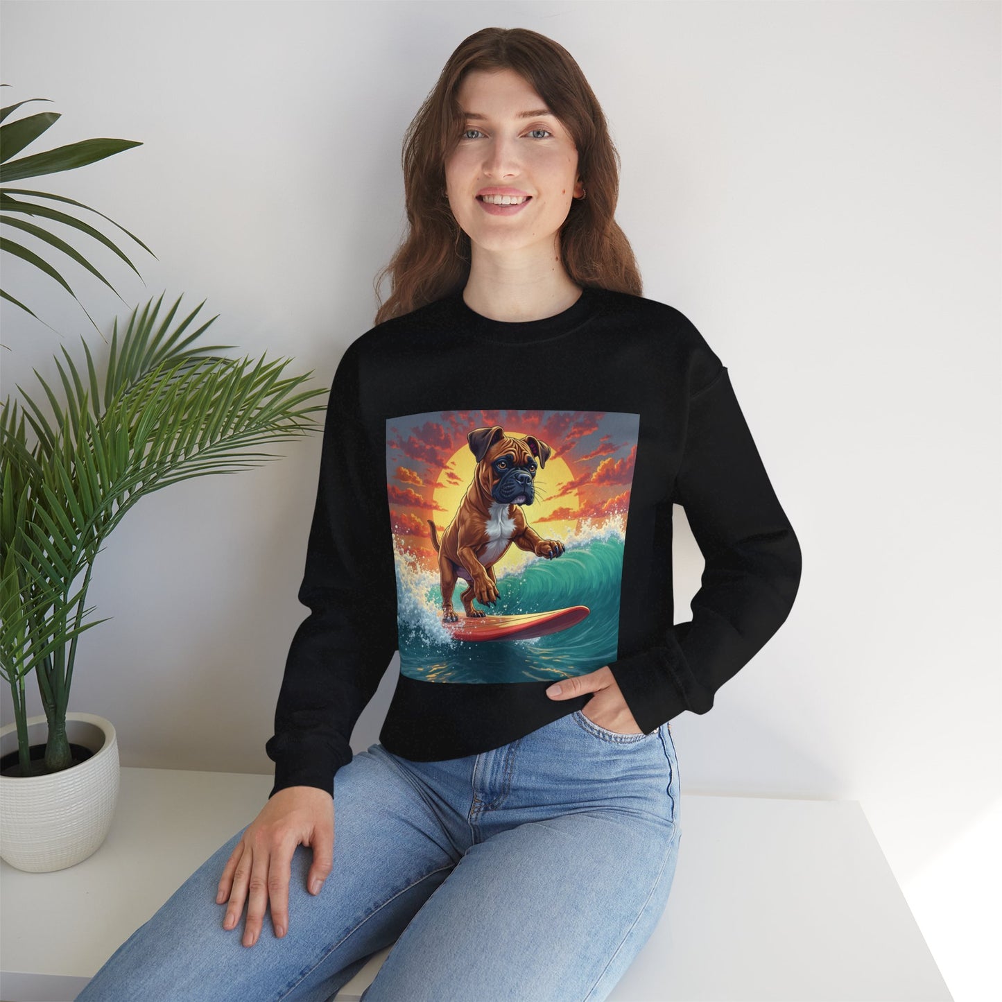 Surfing Boxer Dog Crewneck Sweatshirt | Funny Beach Surfer Gift | Epic Wave Riding Pup Design