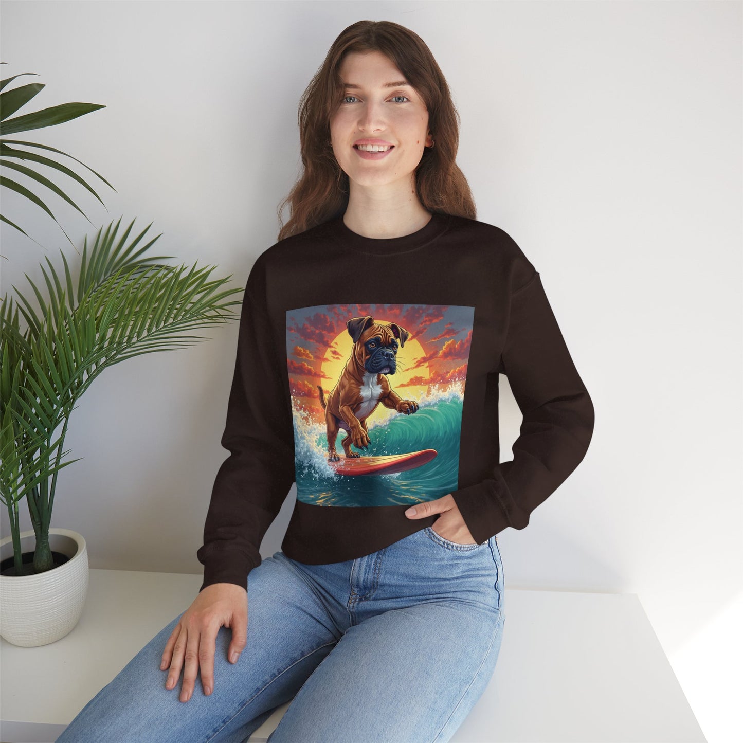 Surfing Boxer Dog Crewneck Sweatshirt | Funny Beach Surfer Gift | Epic Wave Riding Pup Design