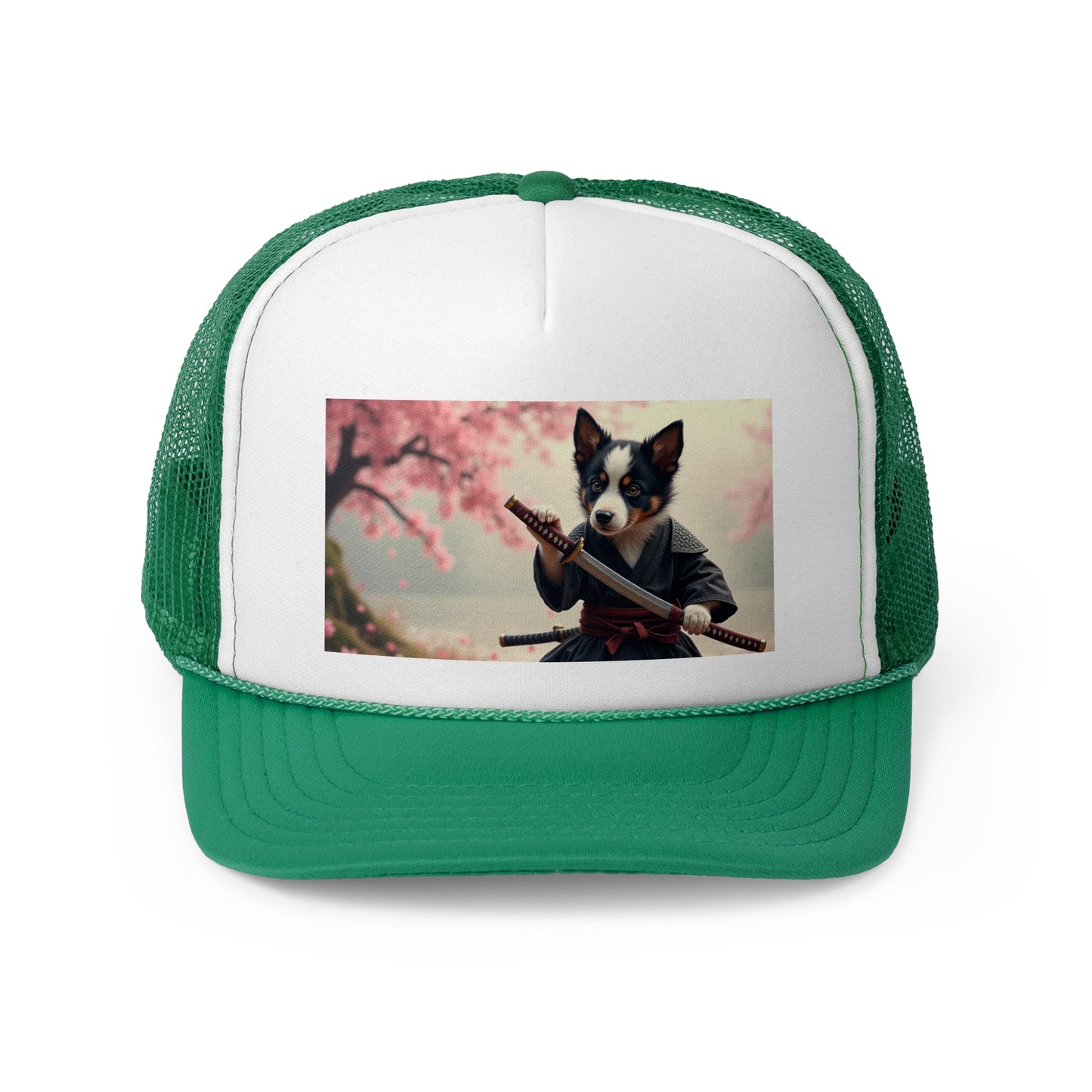 Samurai Puppy Trucker Hat - Japanese Warrior Dog Cap - Cherry Blossom Ninja Baseball Hat