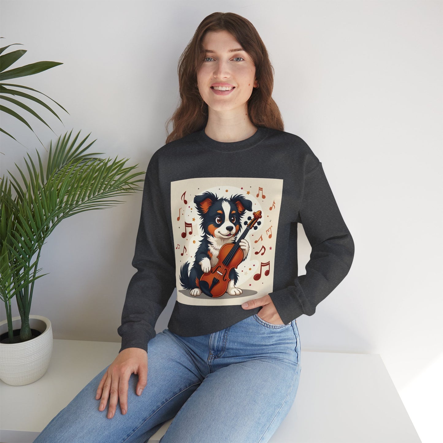 Music Dog Crewneck Sweatshirt - Cute Puppy Violinist with Musical Notes Design | Musician Gift