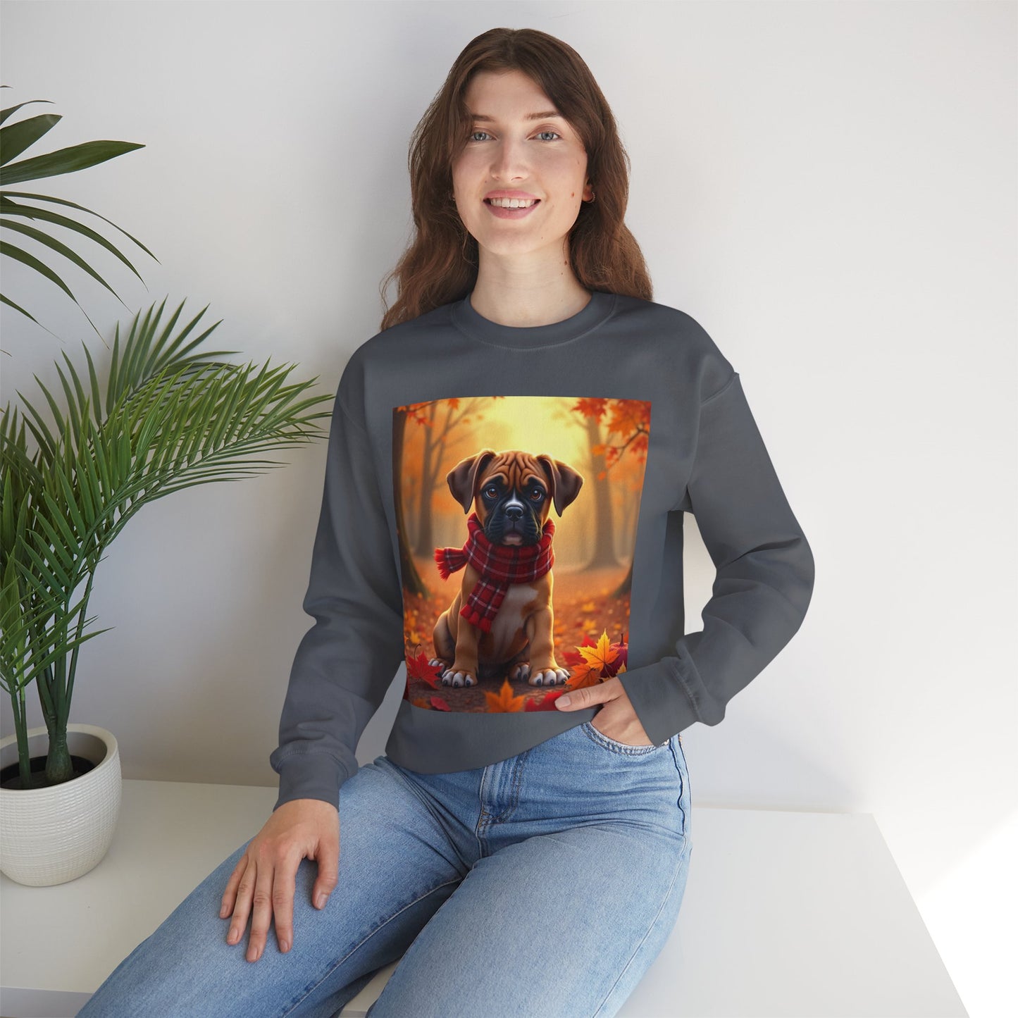Cute Boxer Puppy Autumn Crewneck Sweatshirt | Fall Dog Lover Gift | Cozy Plaid Scarf Design