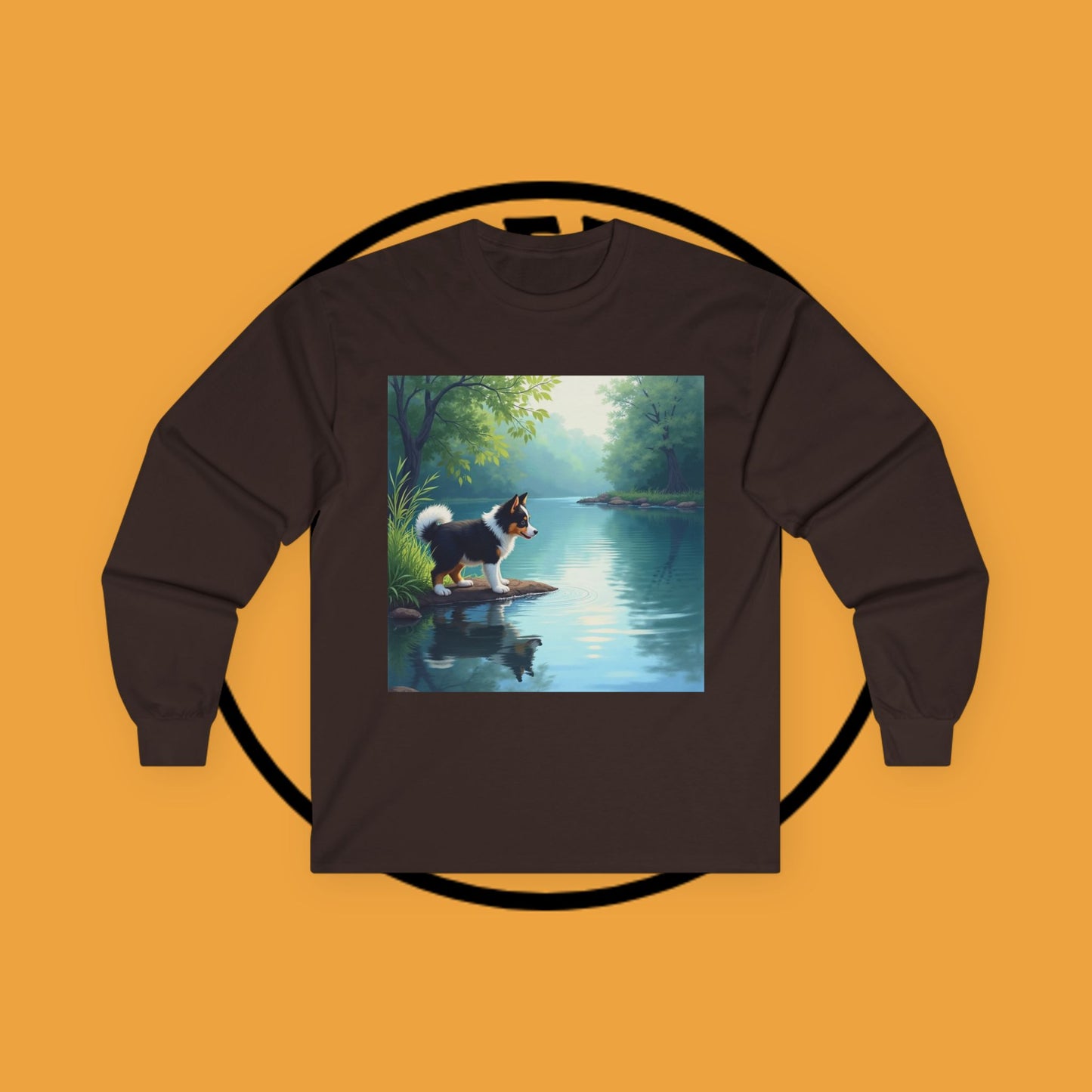 "Adorable Puppy by Tranquil Lake Long Sleeve Tee - Peaceful Nature Dog Art Shirt - Serene Landscape Apparel"
