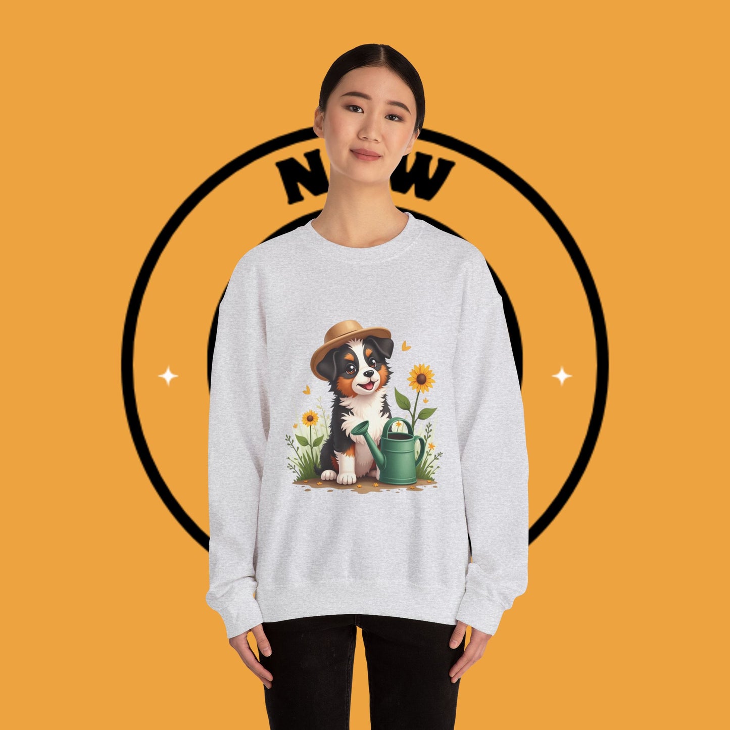 Garden Dog Crewneck Sweatshirt - Cute Puppy Gardener with Sunflowers Design | Green Thumb Gift