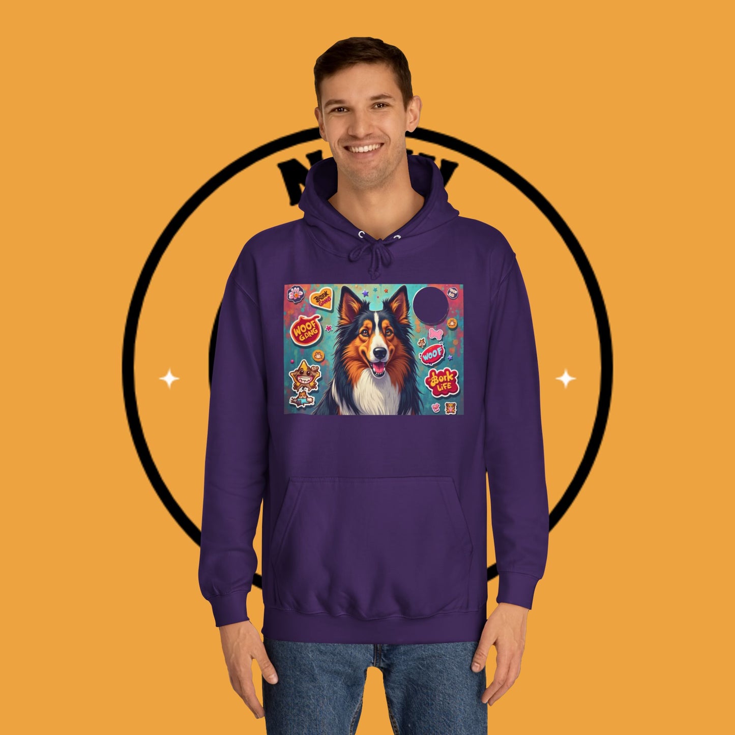 "Dog Sticker Pack Hoodie - Vibrant Collie with Fun Dog Patches Design | Millennial Pet Lover Streetwear"