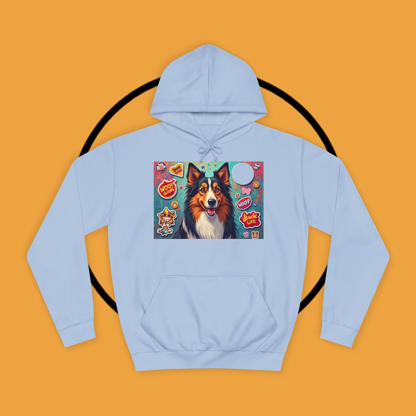 "Dog Sticker Pack Hoodie - Vibrant Collie with Fun Dog Patches Design | Millennial Pet Lover Streetwear"