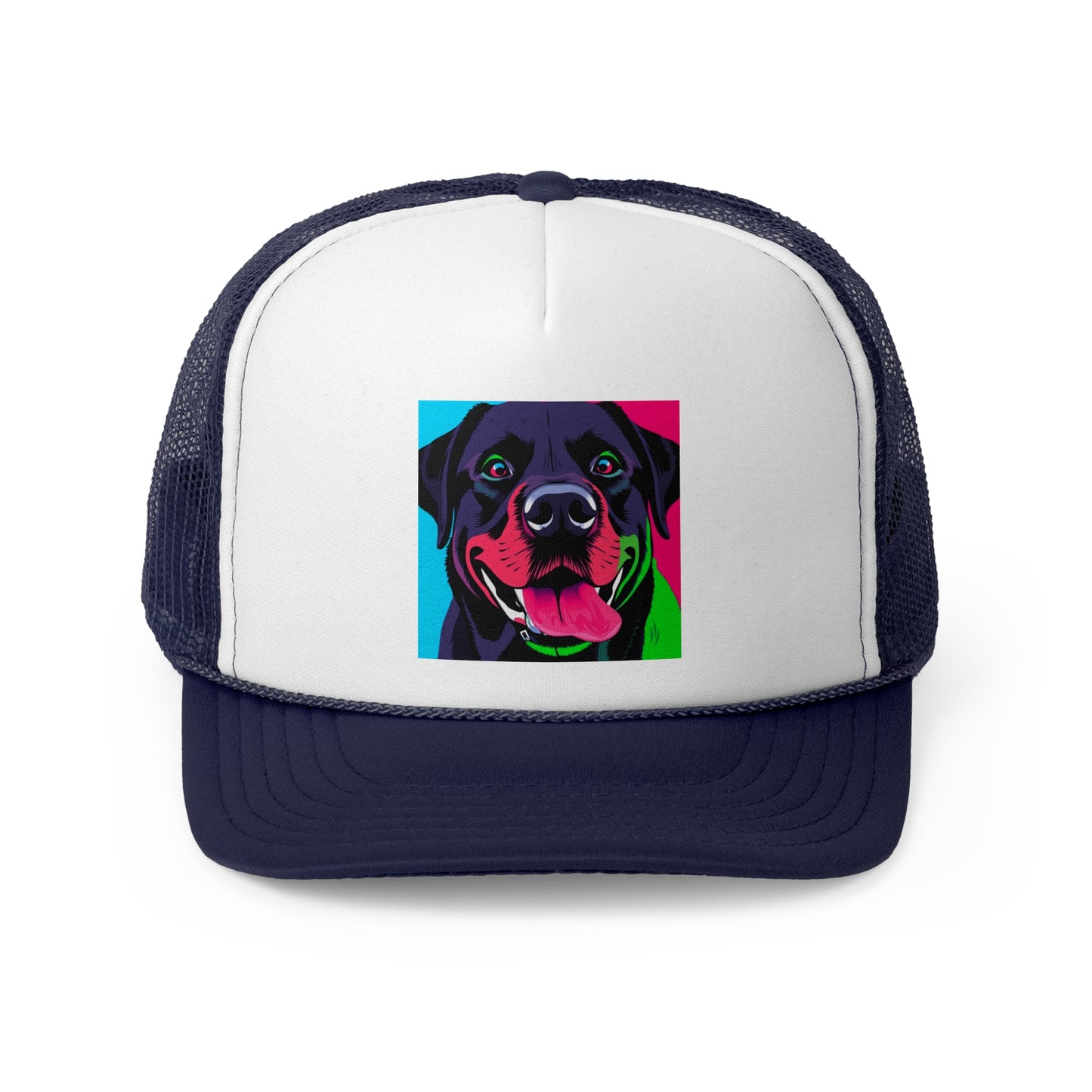 Psychedelic Pop Art Dog Trucker Hat - Vibrant Neon Colors Lab Portrait Cap - Perfect for Pet Lovers