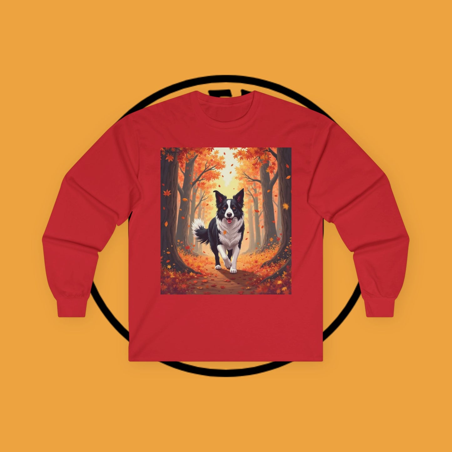 Autumn Border Collie Long Sleeve Tee - Fall Forest Dog Art Shirt | Seasonal Pet Apparel