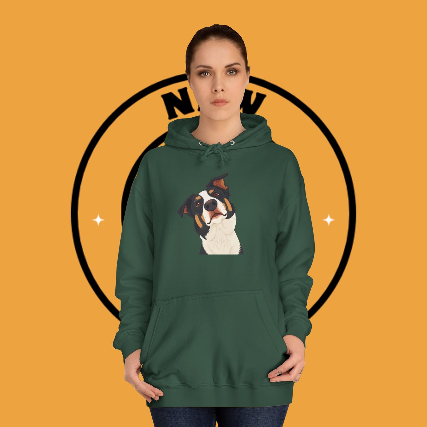 "Happy Border Collie Hoodie - Playful Cartoon Dog with Tilted Head Design | Cute Animal Streetwear"
